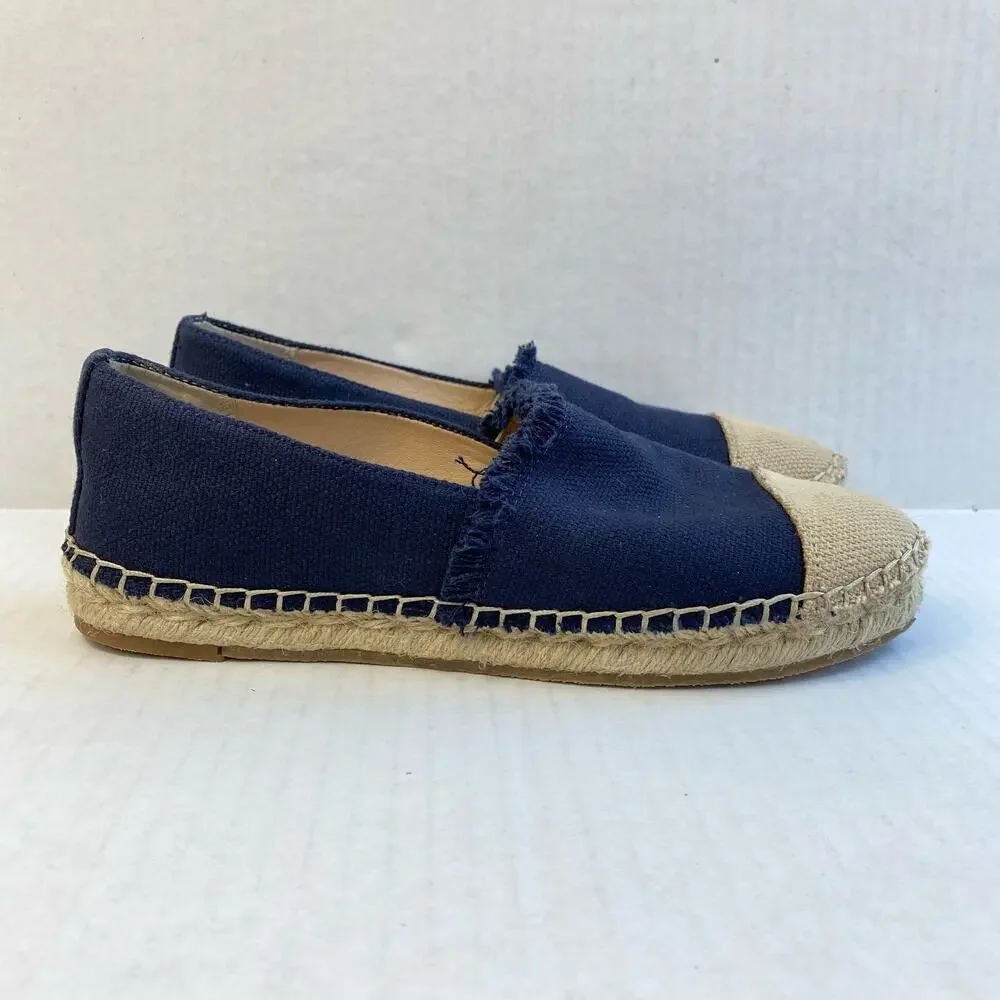 J. MCLAUGHLIN Shoes Espadrille Redding Canvas Flat Loafer Fringe Navy Tan 6.5